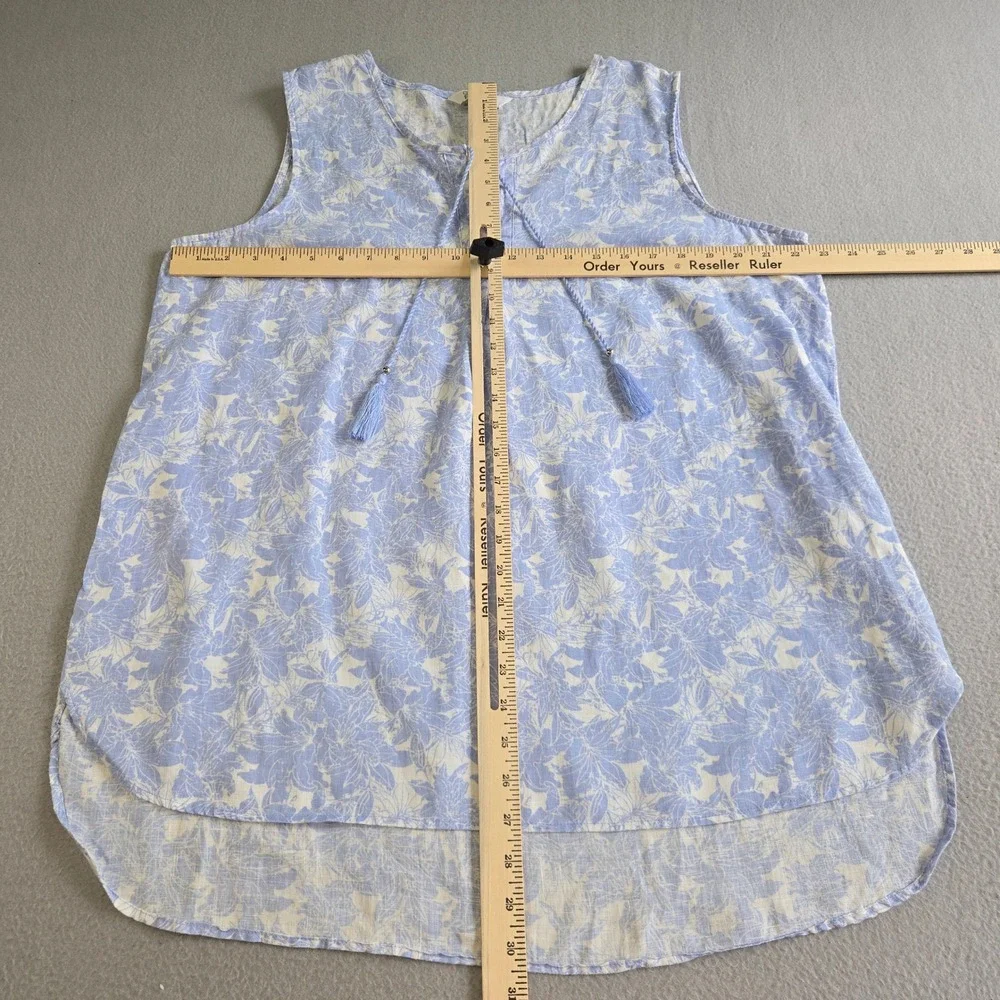 Company Ellen Tracy Tank Top Women XL Blue Floral 100% Linen Tassel High-Low